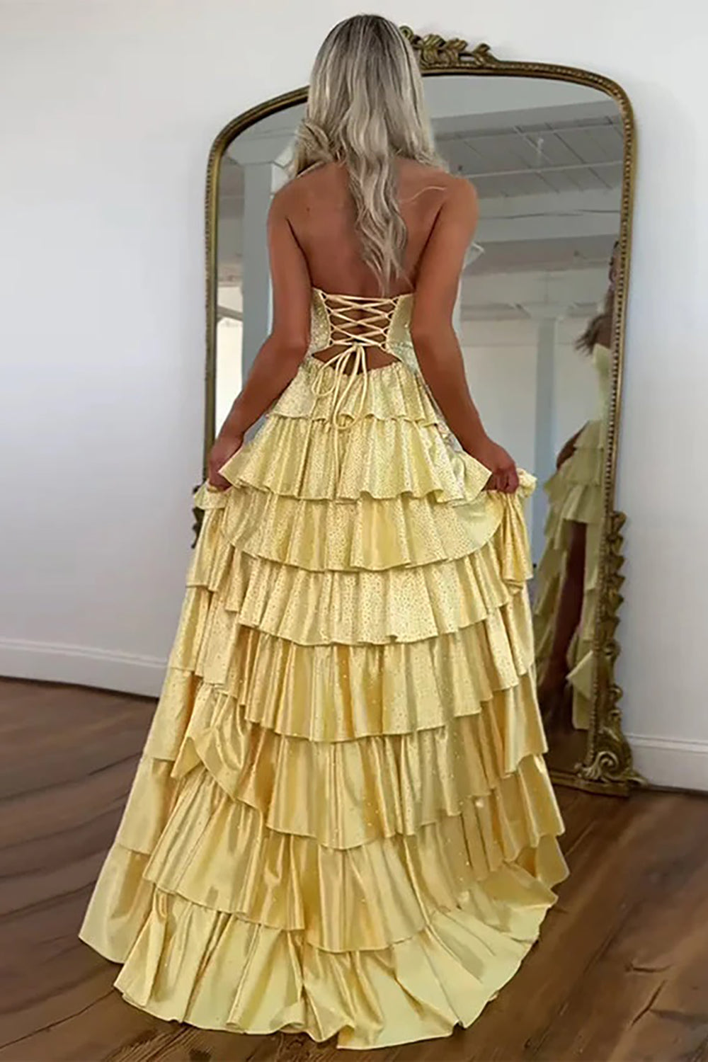 Sparkly Long Prom Dresses for Women Sweetheart Tiered Ruffle Wedding Guest Dresses Lace Up