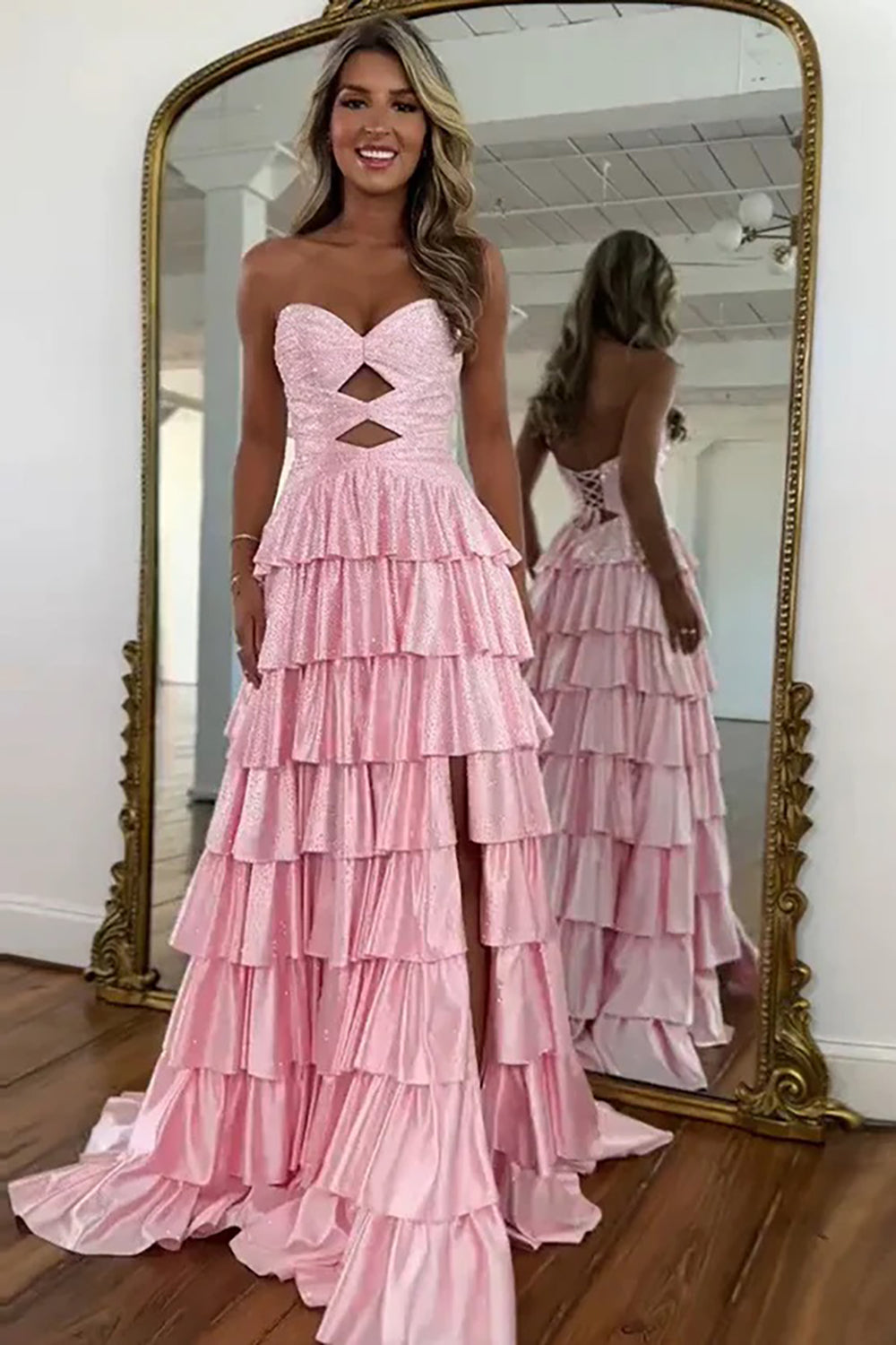 Sparkly Long Prom Dresses for Women Sweetheart Tiered Ruffle Wedding Guest Dresses Lace Up