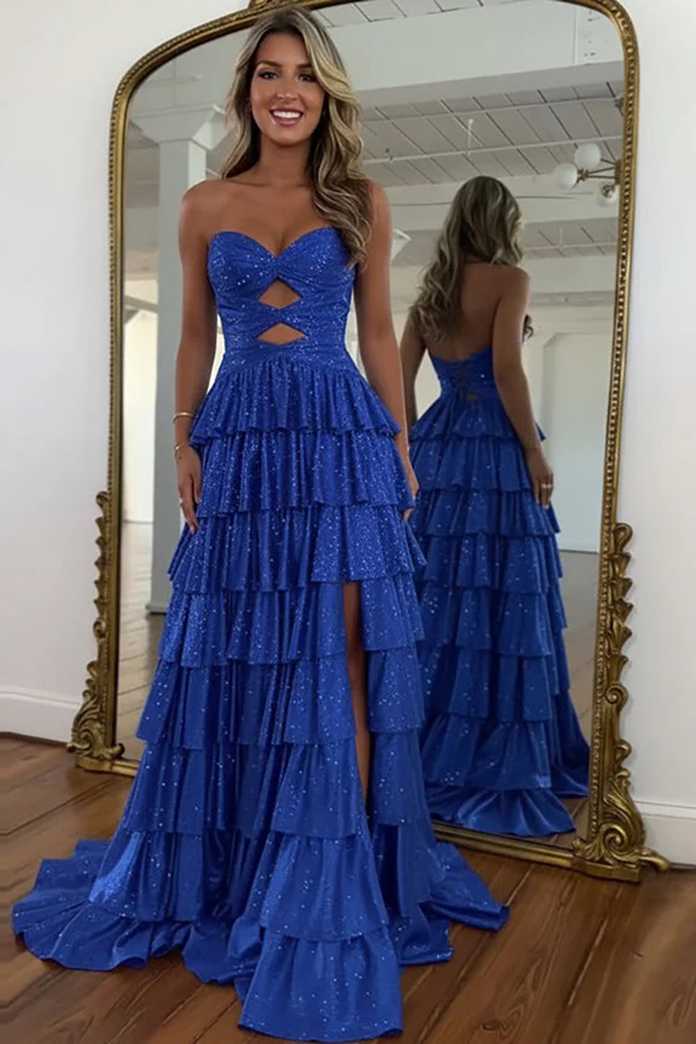 Sparkly Long Prom Dresses for Women Sweetheart Tiered Ruffle Wedding Guest Dresses Lace Up