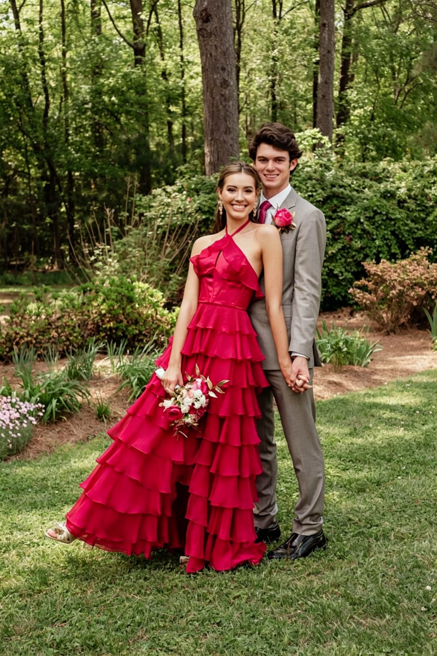 Sexy Long Prom Dresses for Women Halter Chiffom Tiered Ruffle Dresses