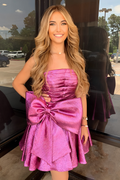 Metallic Pink Strapless Homecoming Dresses with Big Bow Pleated Short A-Line Mini Cocktail Party Dress