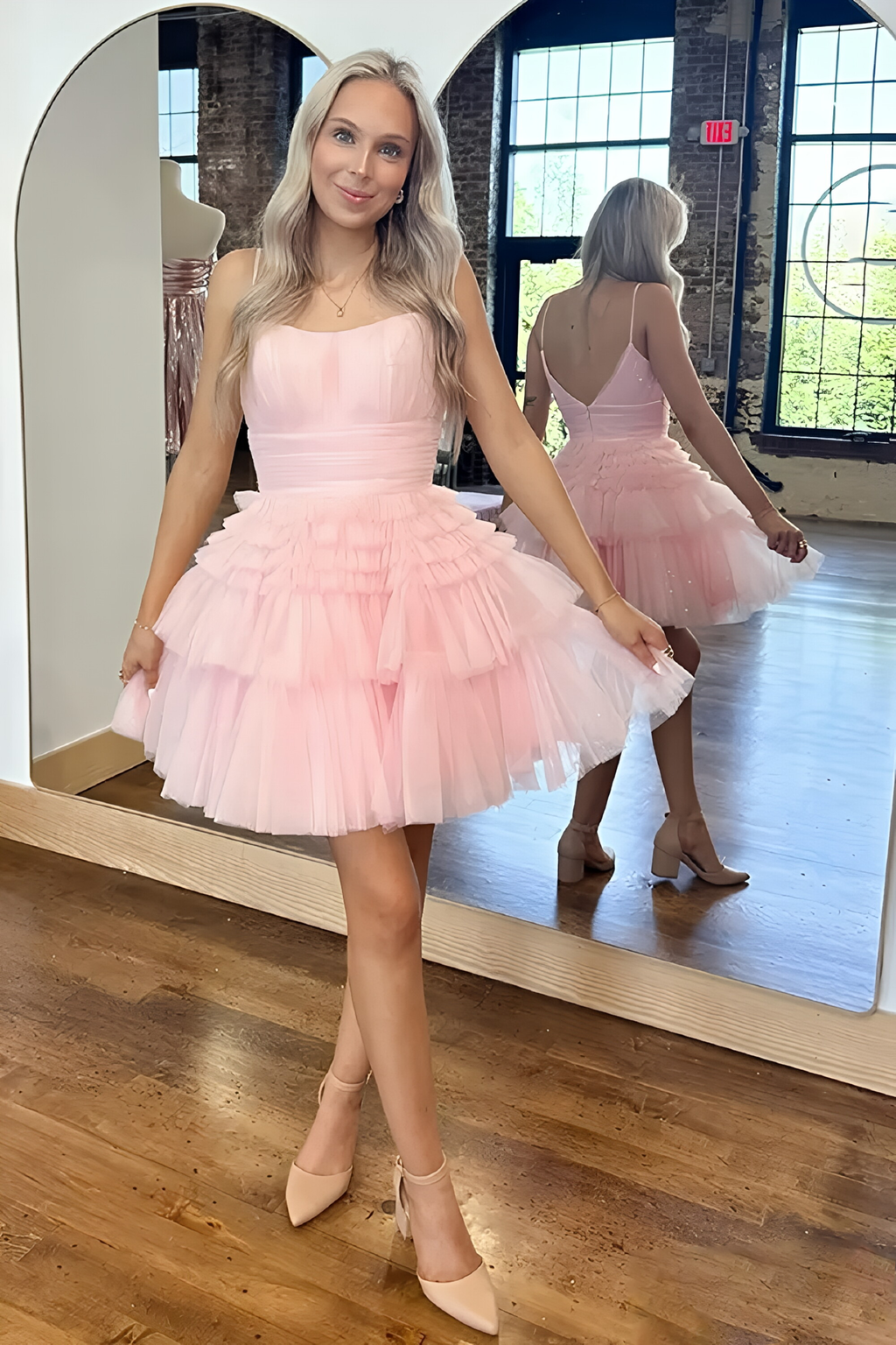 Layered Ruffle Tulle Blush Pink Short Homecoming Party Dress