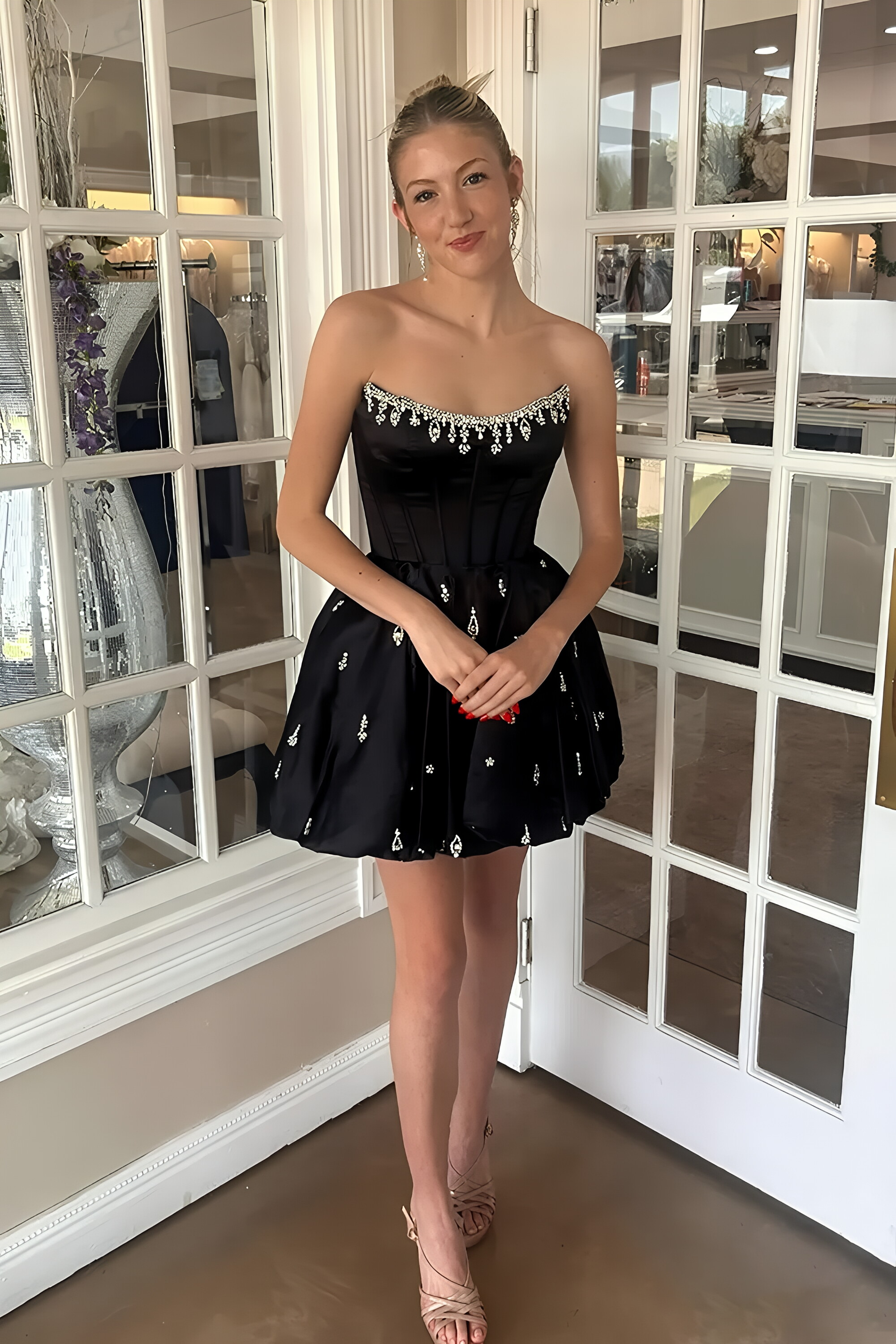 Strapless Crystal Corset A-Line Black Satin Homecoming Party Dress 120