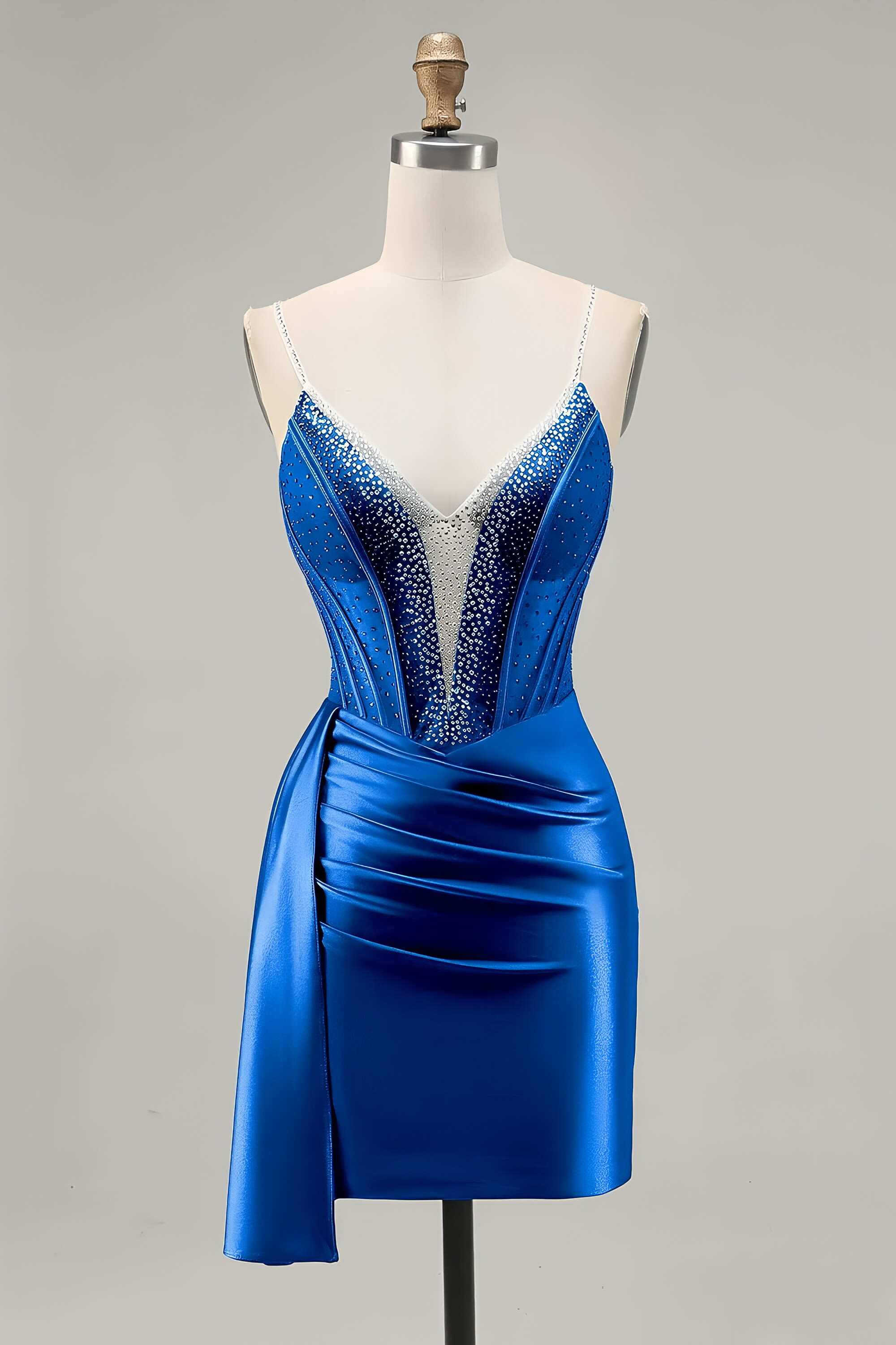 Royal Blue Rhinestone Corset Satin Bodycon Mini Homecoming Dress with Side Sash 121