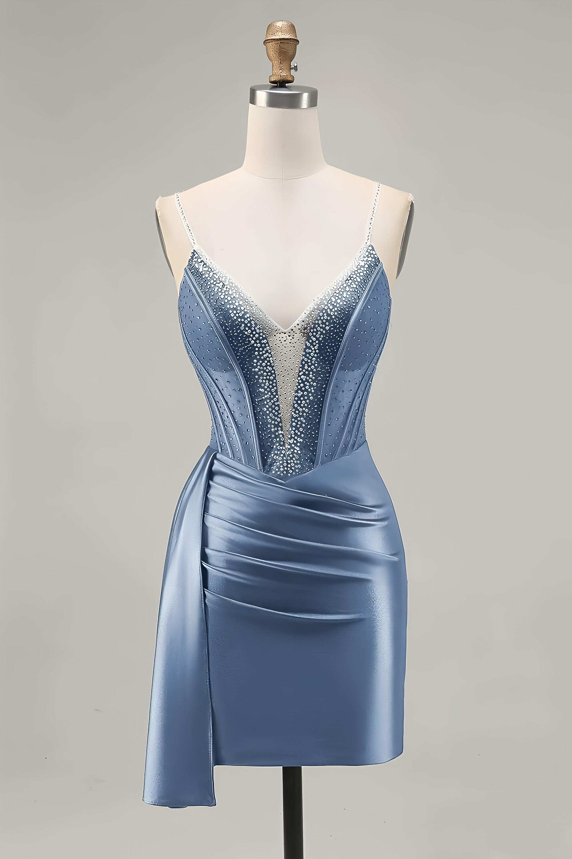 Royal Blue Rhinestone Corset Satin Bodycon Mini Homecoming Dress with Side Sash 121