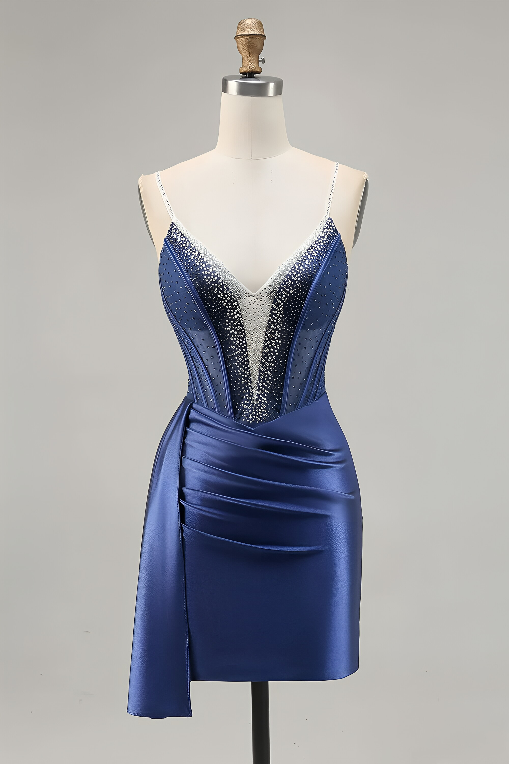 Royal Blue Rhinestone Corset Satin Bodycon Mini Homecoming Dress with Side Sash 121