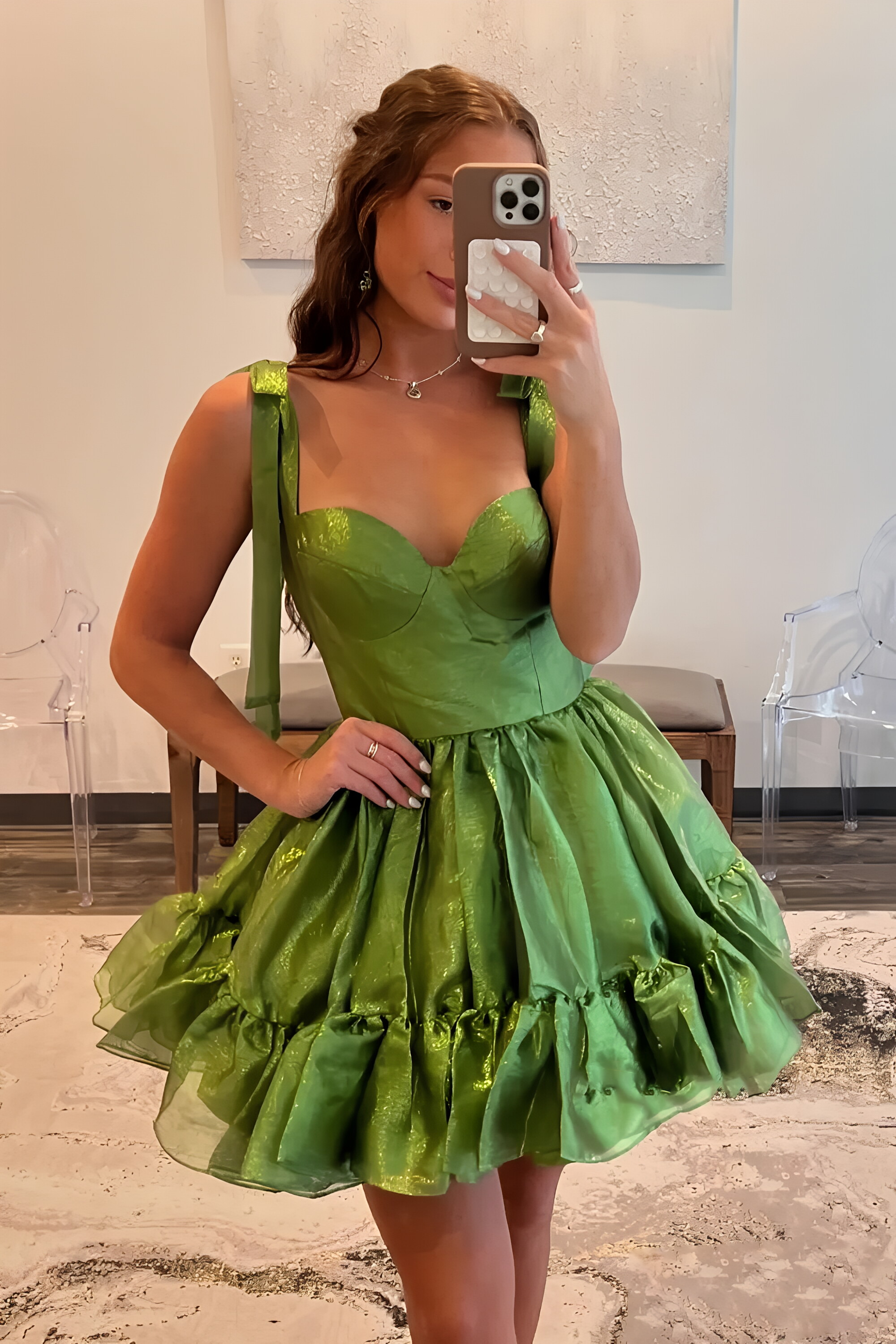 Shiny Organza Mini Homecoming Dress Tie Bow Strap Sweetheart Bust Ruffled Hem Short Flare Prom Party Gown