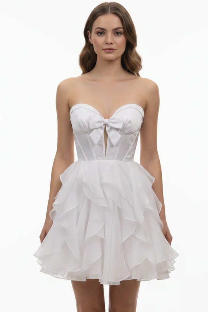 Strapless Bow Corset Ruffle Mini Dress for Women, Flowy Short Homecoming Party Dress 260