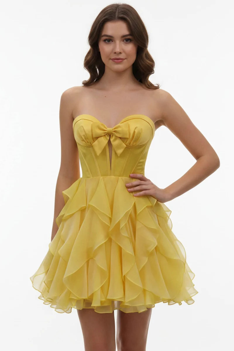 Strapless Bow Corset Ruffle Mini Dress for Women, Flowy Short Homecoming Party Dress 260